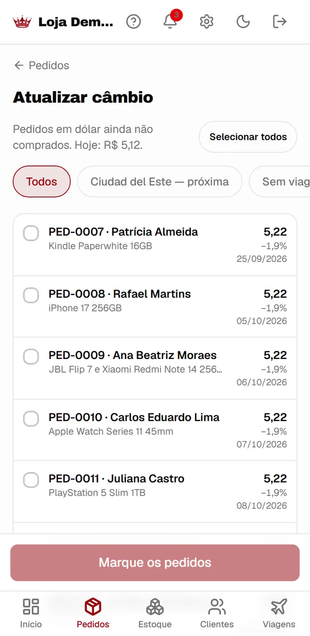 Tela de atualizar o câmbio dos pedidos em dólar ainda não comprados