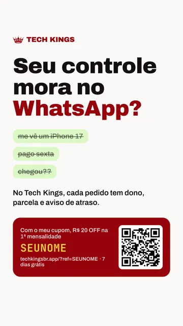 Arte para story Seu controle mora no WhatsApp?, com o cupom e o QR do parceiro