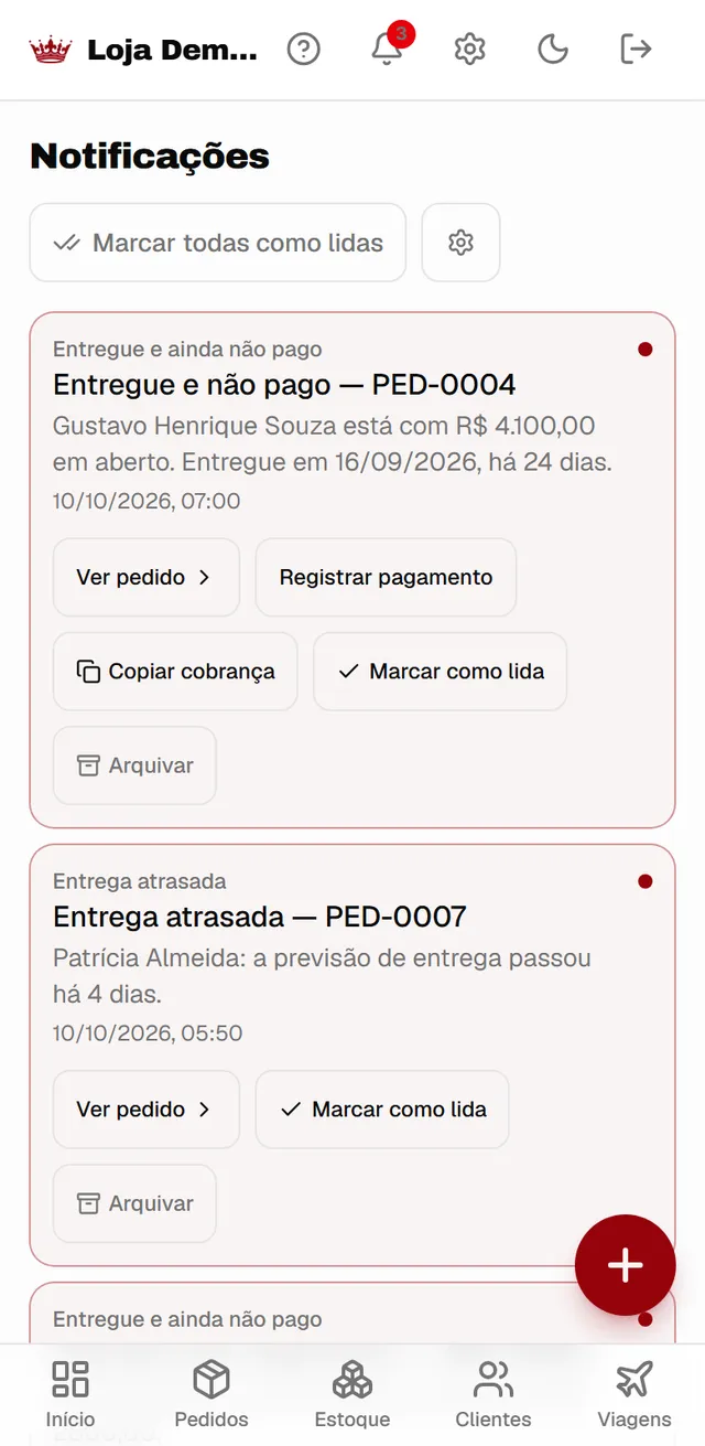 Avisos de pagamento atrasado no app