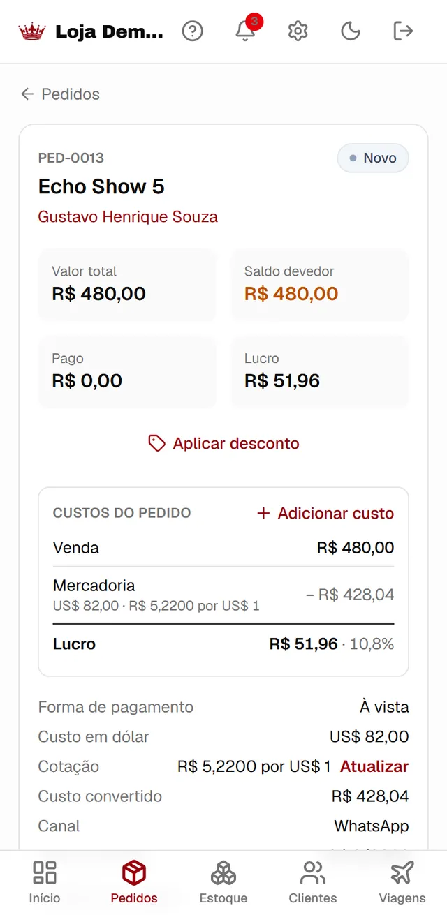 Pedido com valor, saldo e lucro no app