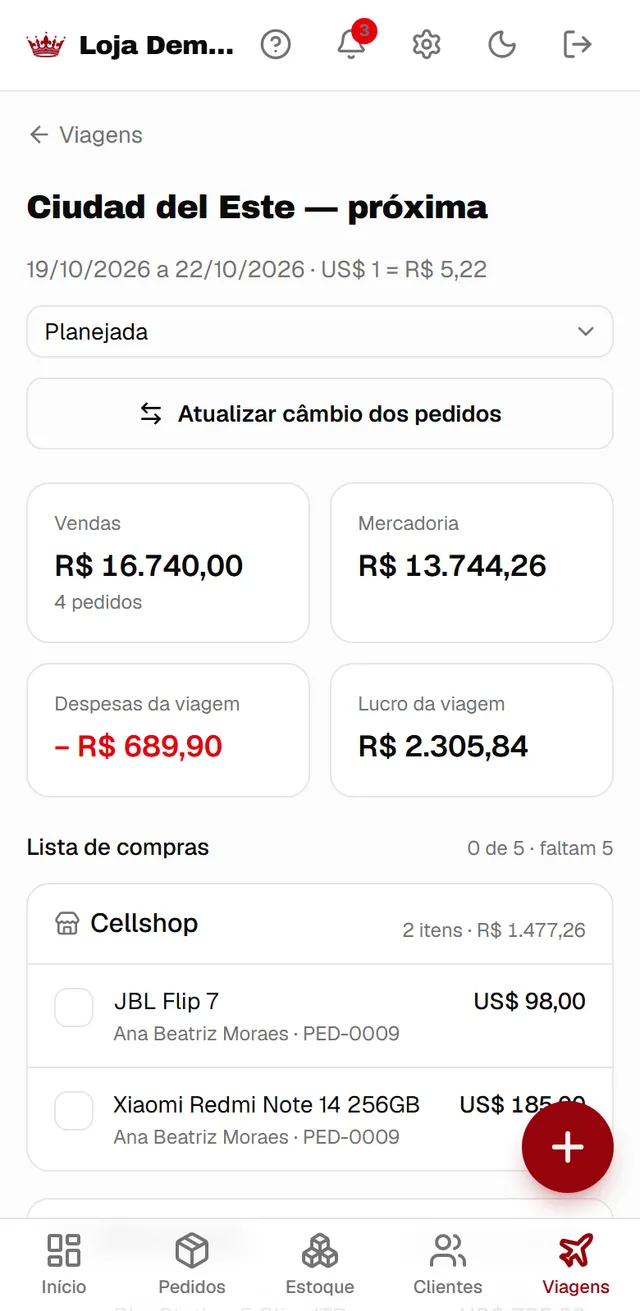 Lucro de uma viagem ao Paraguai no app