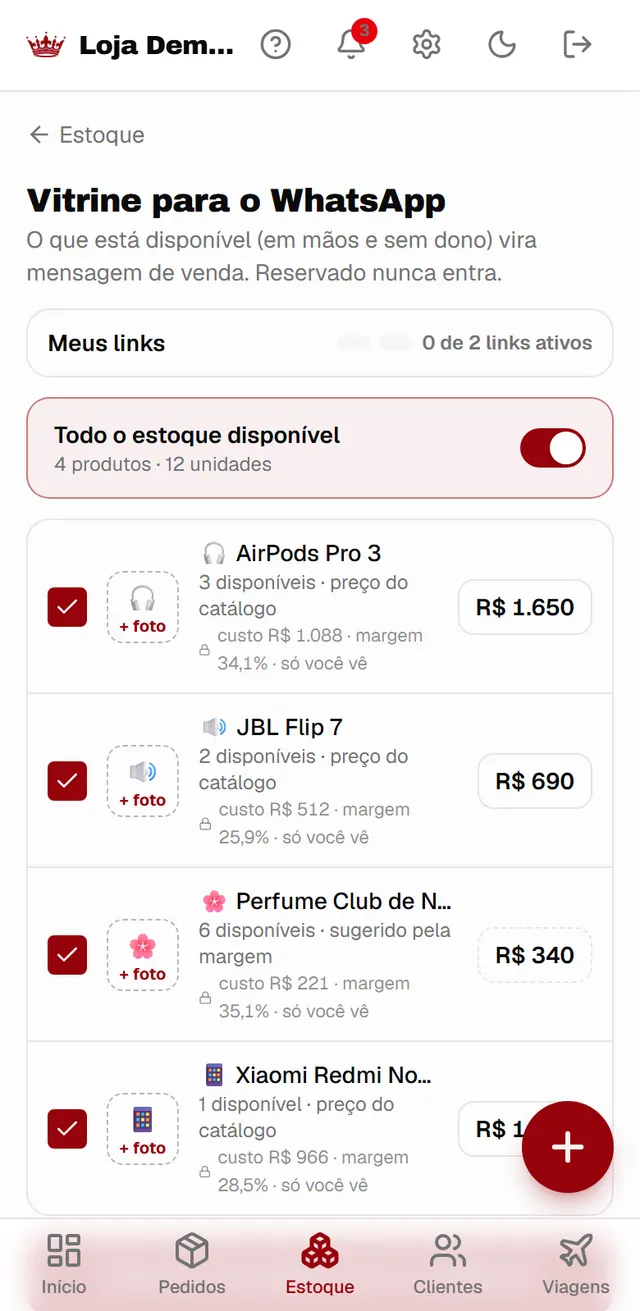 Vitrine para o WhatsApp no app